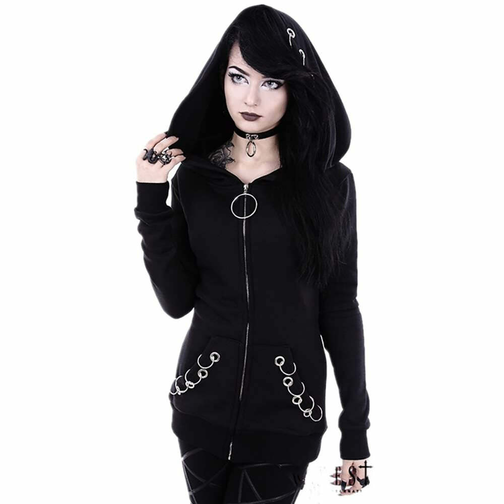 Y2K Grunge Black Gothic Metal Rings Zip Up Hoodie - Retro 90s Fashion, Y2K Club & Party Outfit
