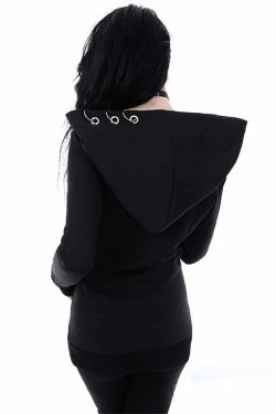 Y2K Grunge Black Gothic Metal Rings Zip Up Hoodie - Retro 90s Fashion, Y2K Club & Party Outfit