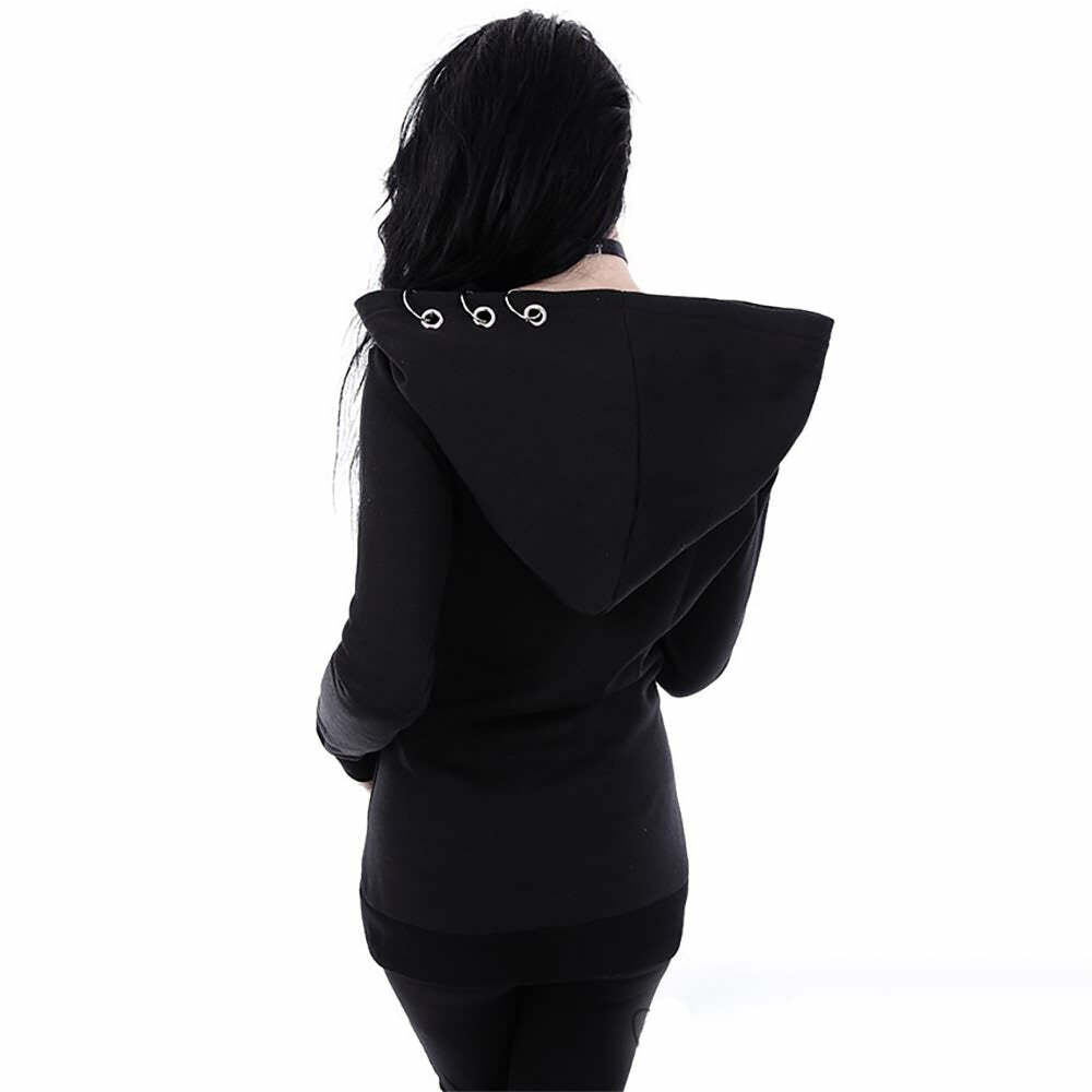 Y2K Grunge Black Gothic Metal Rings Zip Up Hoodie - Retro 90s Fashion, Y2K Club & Party Outfit