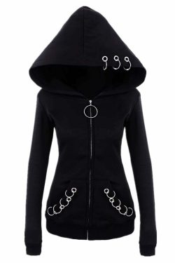 Y2K Grunge Black Gothic Metal Rings Zip Up Hoodie - Retro 90s Fashion, Y2K Club & Party Outfit