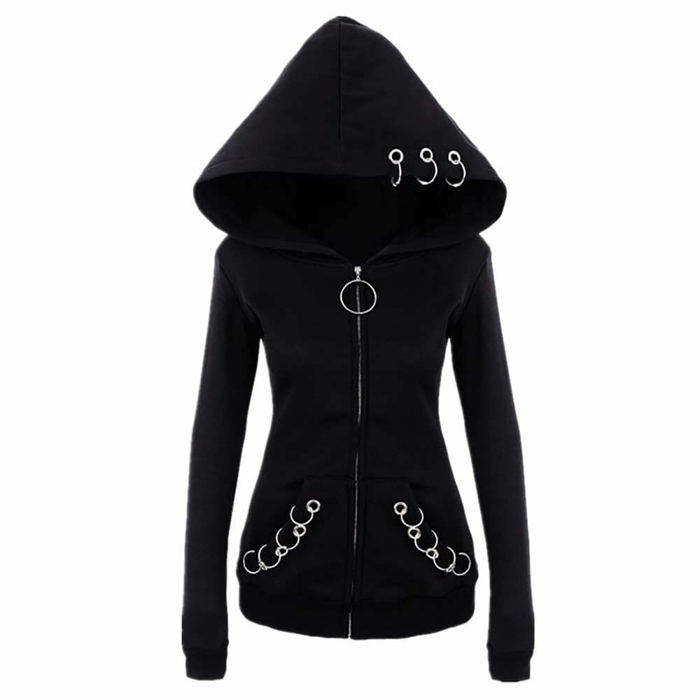 Y2K Grunge Black Gothic Metal Rings Zip Up Hoodie - Retro 90s Fashion, Y2K Club & Party Outfit