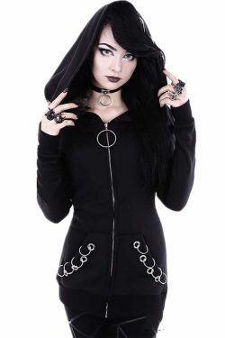 Y2K Grunge Black Gothic Metal Rings Zip Up Hoodie - Retro 90s Fashion, Y2K Club & Party Outfit