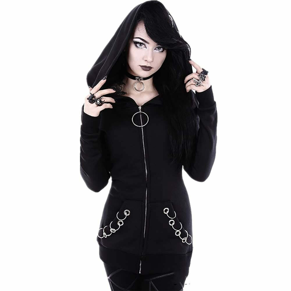 Y2K Grunge Black Gothic Metal Rings Zip Up Hoodie - Retro 90s Fashion, Y2K Club & Party Outfit