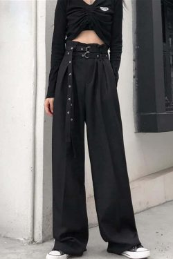 Y2K Grunge Black Gothic Paperbag Waist Trousers - Retro 90s Fashion, Summer Y2K Outfits