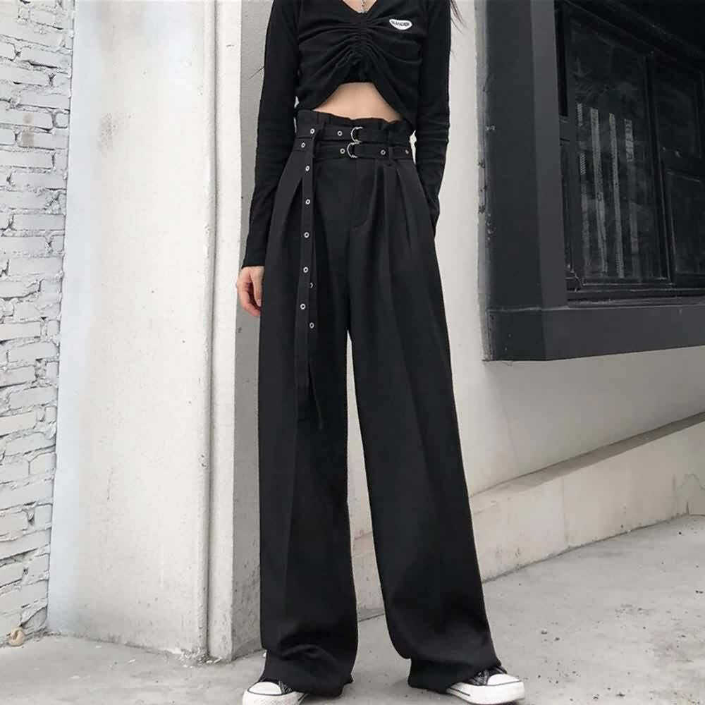 Y2K Grunge Black Gothic Paperbag Waist Trousers - Retro 90s Fashion, Summer Y2K Outfits
