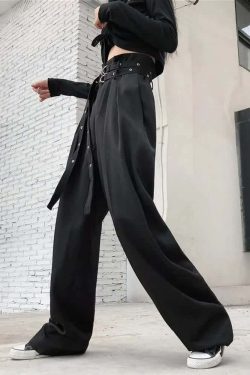 Y2K Grunge Black Gothic Paperbag Waist Trousers - Retro 90s Fashion, Summer Y2K Outfits
