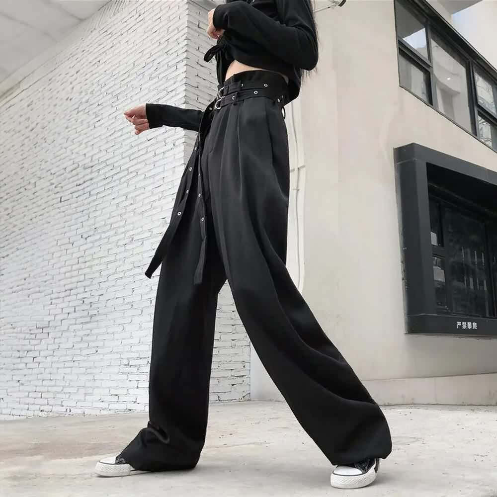 Y2K Grunge Black Gothic Paperbag Waist Trousers - Retro 90s Fashion, Summer Y2K Outfits