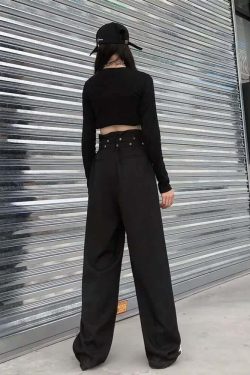 Y2K Grunge Black Gothic Paperbag Waist Trousers - Retro 90s Fashion, Summer Y2K Outfits