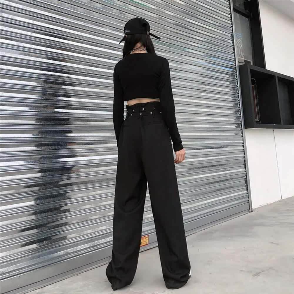 Y2K Grunge Black Gothic Paperbag Waist Trousers - Retro 90s Fashion, Summer Y2K Outfits