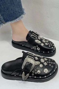 Y2K Grunge Black Gothic Punk Studded Clogs - Retro 90s Fashion, Y2K Summer & Party Outfits