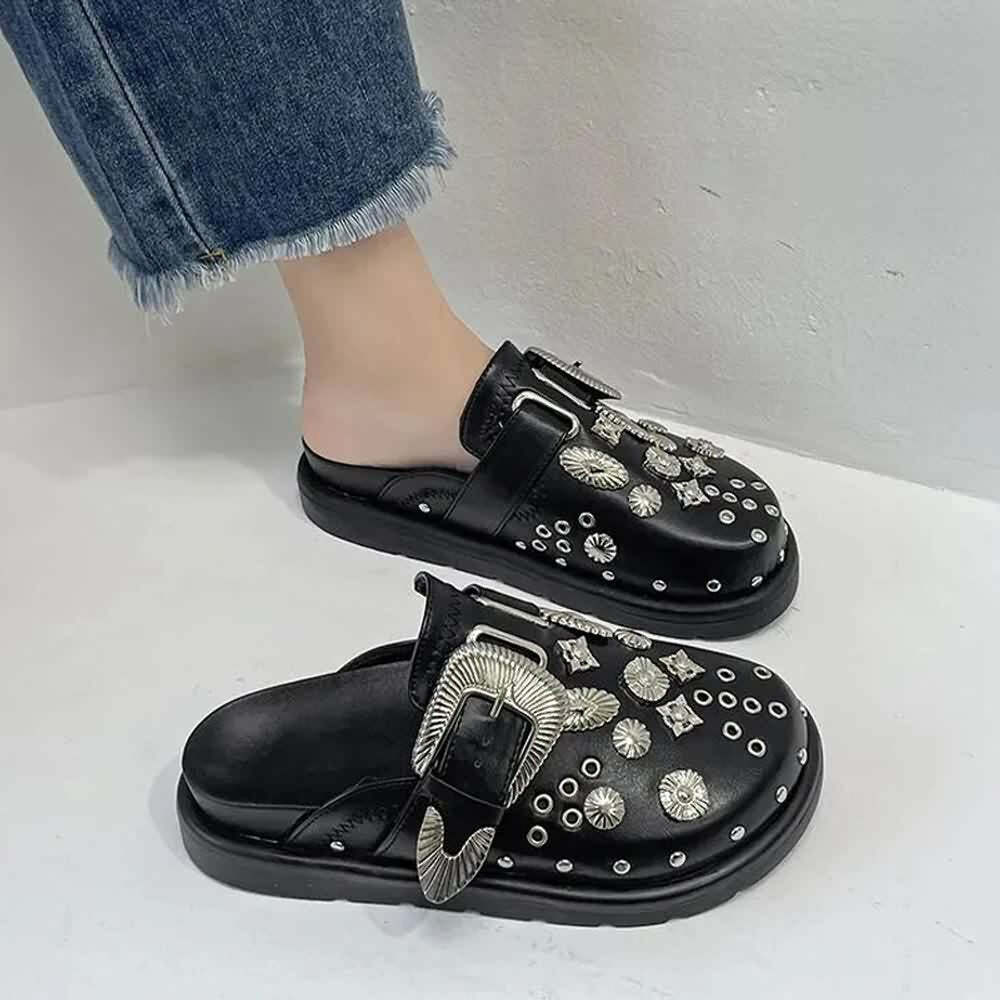 Y2K Grunge Black Gothic Punk Studded Clogs - Retro 90s Fashion, Y2K Summer & Party Outfits