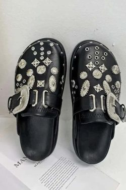 Y2K Grunge Black Gothic Punk Studded Clogs - Retro 90s Fashion, Y2K Summer & Party Outfits
