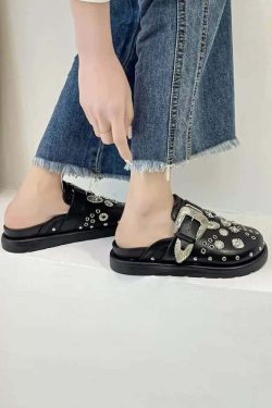 Y2K Grunge Black Gothic Punk Studded Clogs - Retro 90s Fashion, Y2K Summer & Party Outfits