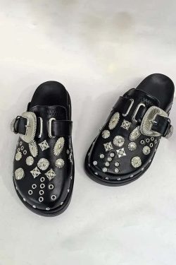 Y2K Grunge Black Gothic Punk Studded Clogs - Retro 90s Fashion, Y2K Summer & Party Outfits