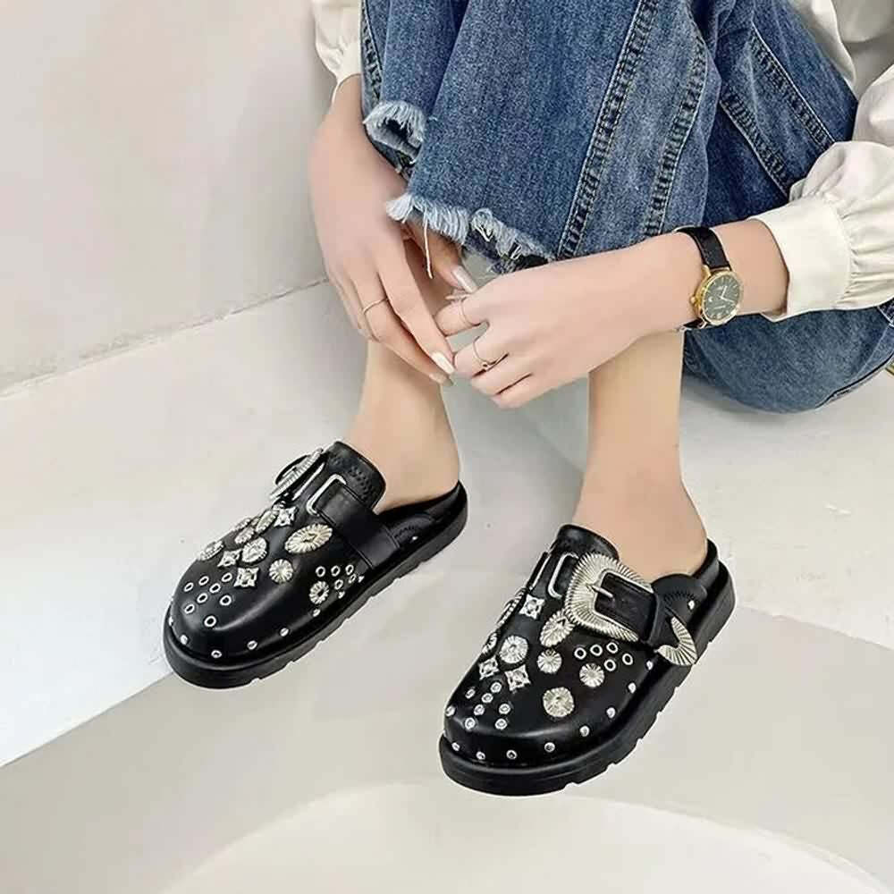 Y2K Grunge Black Gothic Punk Studded Clogs - Retro 90s Fashion, Y2K Summer & Party Outfits