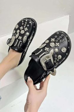 Y2K Grunge Black Gothic Punk Studded Clogs - Retro 90s Fashion, Y2K Summer & Party Outfits