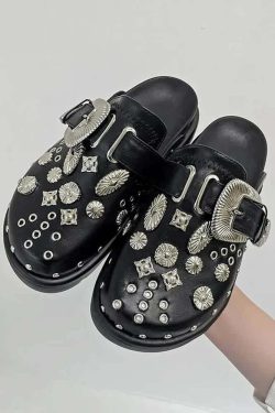Y2K Grunge Black Gothic Punk Studded Clogs - Retro 90s Fashion, Y2K Summer & Party Outfits