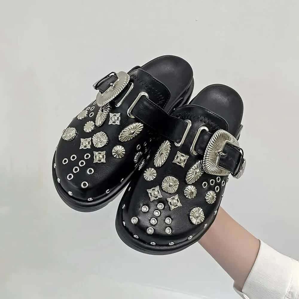 Y2K Grunge Black Gothic Punk Studded Clogs - Retro 90s Fashion, Y2K Summer & Party Outfits