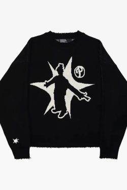 Y2K Grunge Black Graphic Sweater - Retro 90s Fashion, Y2K Club Outfits, Gothic Y2K Style