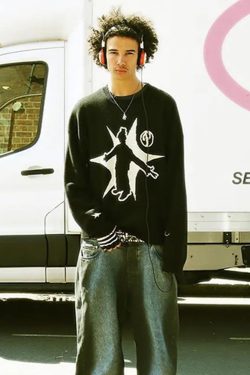 Y2K Grunge Black Graphic Sweater - Retro 90s Fashion, Y2K Club Outfits, Gothic Y2K Style