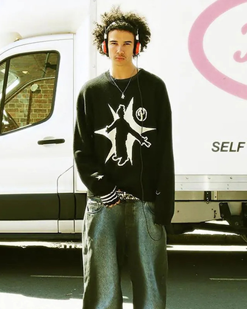 Y2K Grunge Black Graphic Sweater - Retro 90s Fashion, Y2K Club Outfits, Gothic Y2K Style