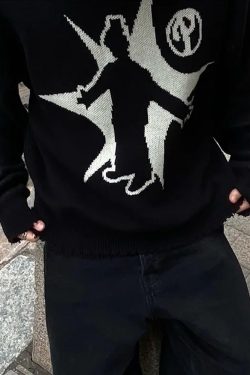 Y2K Grunge Black Graphic Sweater - Retro 90s Fashion, Y2K Club Outfits, Gothic Y2K Style