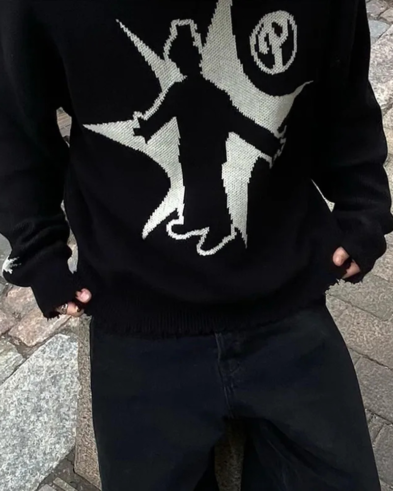 Y2K Grunge Black Graphic Sweater - Retro 90s Fashion, Y2K Club Outfits, Gothic Y2K Style