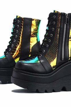 Y2K Grunge Black Holographic Platform Shoes - 90s Retro Summer Party Outfit Essentials