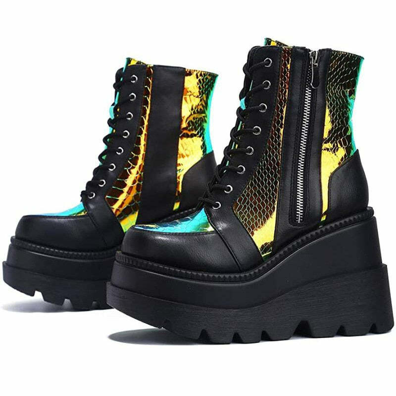 Y2K Grunge Black Holographic Platform Shoes - 90s Retro Summer Party Outfit Essentials