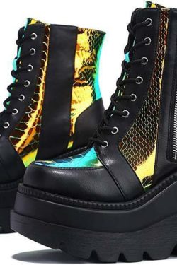 Y2K Grunge Black Holographic Platform Shoes - 90s Retro Summer Party Outfit Essentials