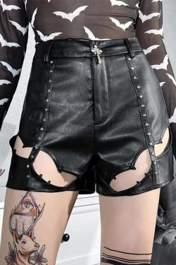Y2K Grunge Black Leather Bat Cut Out Shorts - 90s Fashion, Retro, Gothic, Summer Y2K Outfits