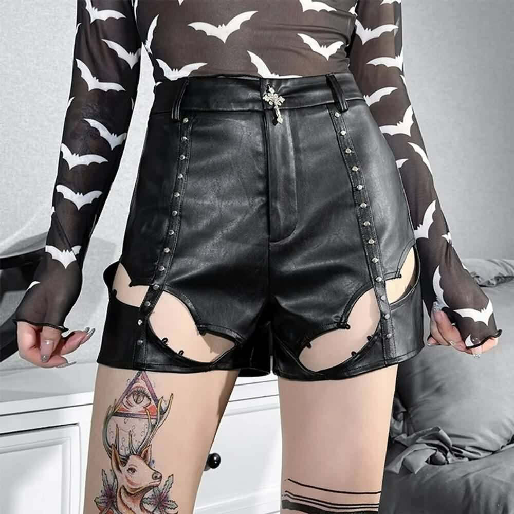 Y2K Grunge Black Leather Bat Cut Out Shorts - 90s Fashion, Retro, Gothic, Summer Y2K Outfits
