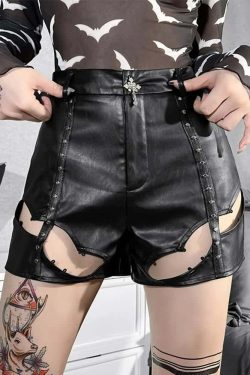 Y2K Grunge Black Leather Bat Cut Out Shorts - 90s Fashion, Retro, Gothic, Summer Y2K Outfits
