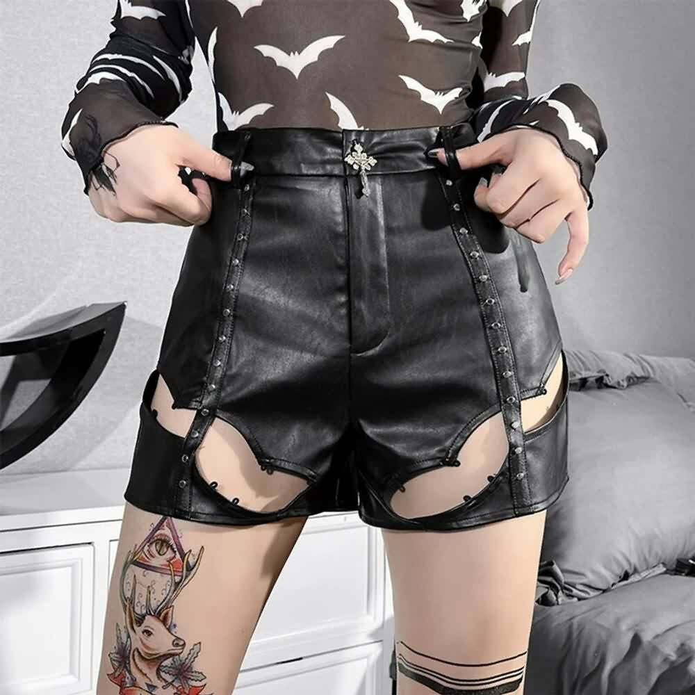Y2K Grunge Black Leather Bat Cut Out Shorts - 90s Fashion, Retro, Gothic, Summer Y2K Outfits