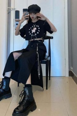 Y2K Grunge Black Midi Skirt - Retro 90s Fashion, Summer Y2K Outfits, Gothic Y2K Style