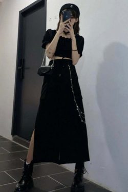 Y2K Grunge Black Midi Skirt - Retro 90s Fashion, Summer Y2K Outfits, Gothic Y2K Style