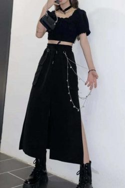 Y2K Grunge Black Midi Skirt - Retro 90s Fashion, Summer Y2K Outfits, Gothic Y2K Style