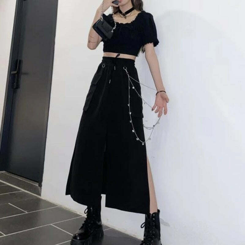 Y2K Grunge Black Midi Skirt - Retro 90s Fashion, Summer Y2K Outfits, Gothic Y2K Style