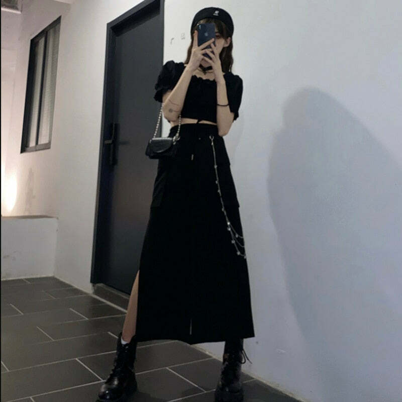 Y2K Grunge Black Midi Skirt - Retro 90s Fashion, Summer Y2K Outfits, Gothic Y2K Style
