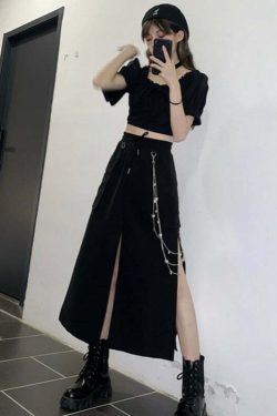 Y2K Grunge Black Midi Skirt - Retro 90s Fashion, Summer Y2K Outfits, Gothic Y2K Style