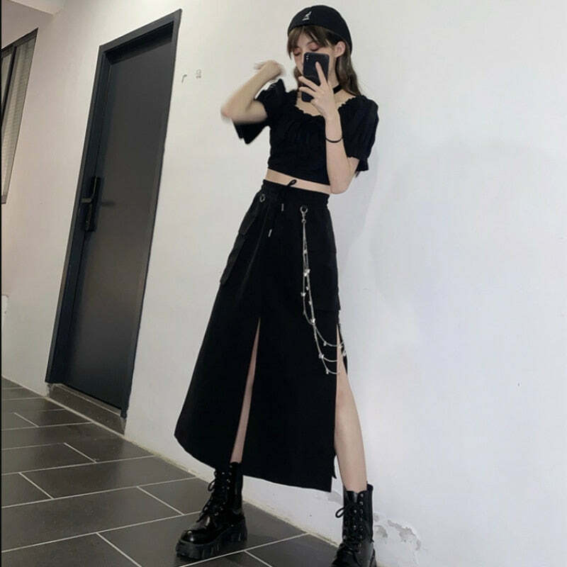 Y2K Grunge Black Midi Skirt - Retro 90s Fashion, Summer Y2K Outfits, Gothic Y2K Style