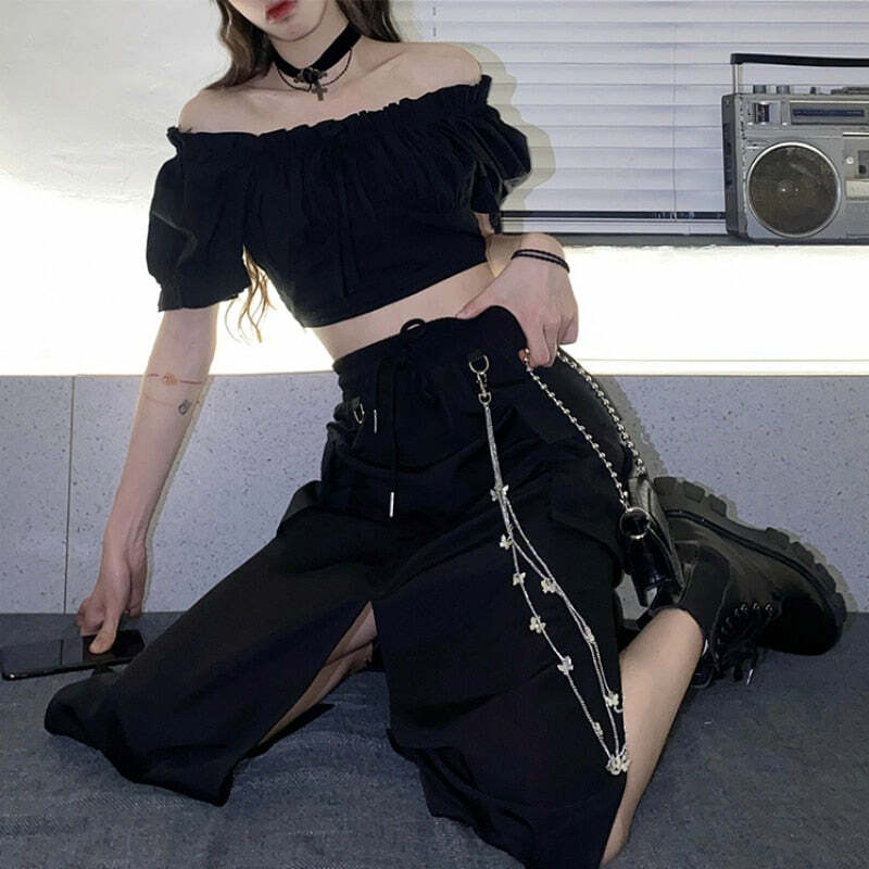 Y2K Grunge Black Midi Skirt - Retro 90s Fashion, Summer Y2K Outfits, Gothic Y2K Style
