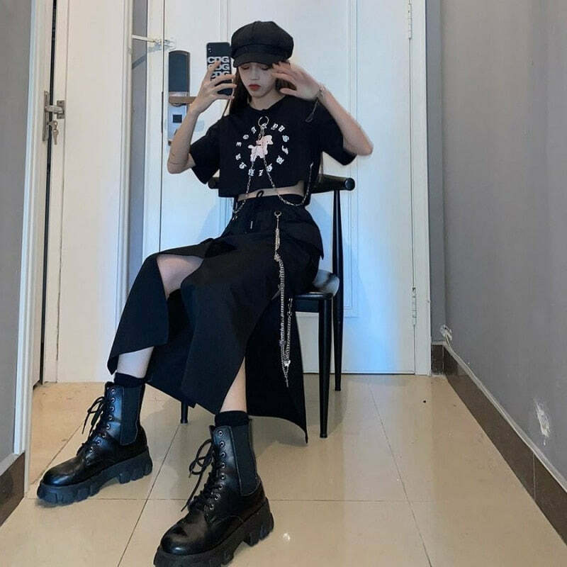 Y2K Grunge Black Midi Skirt - Retro 90s Fashion, Summer Y2K Outfits, Gothic Y2K Style