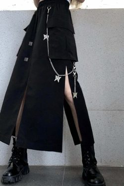 Y2K Grunge Black Midi Skirt - Retro 90s Fashion, Summer Y2K Outfits, Gothic Y2K Style
