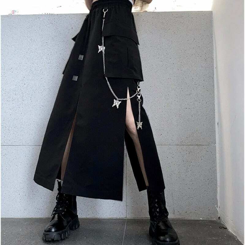Y2K Grunge Black Midi Skirt - Retro 90s Fashion, Summer Y2K Outfits, Gothic Y2K Style