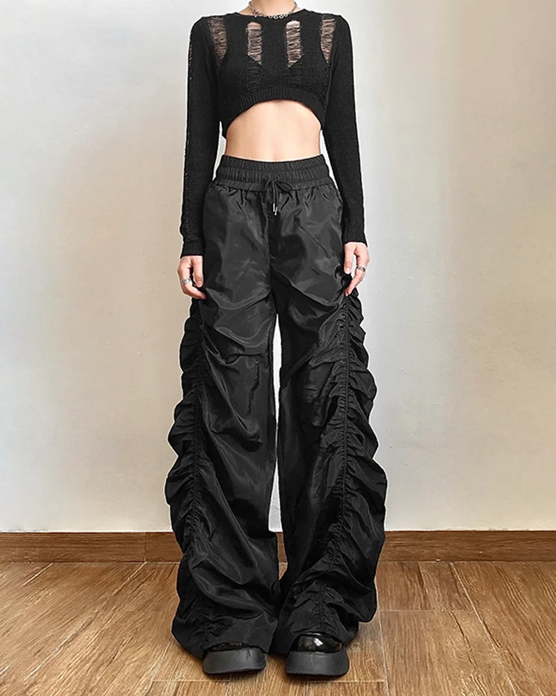 Y2K Grunge Black Parachute Pants - Retro 90s Fashion, Summer Y2K Outfits, Gothic Y2K Style