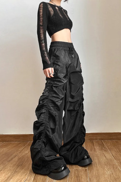 Y2K Grunge Black Parachute Pants - Retro 90s Fashion, Summer Y2K Outfits, Gothic Y2K Style
