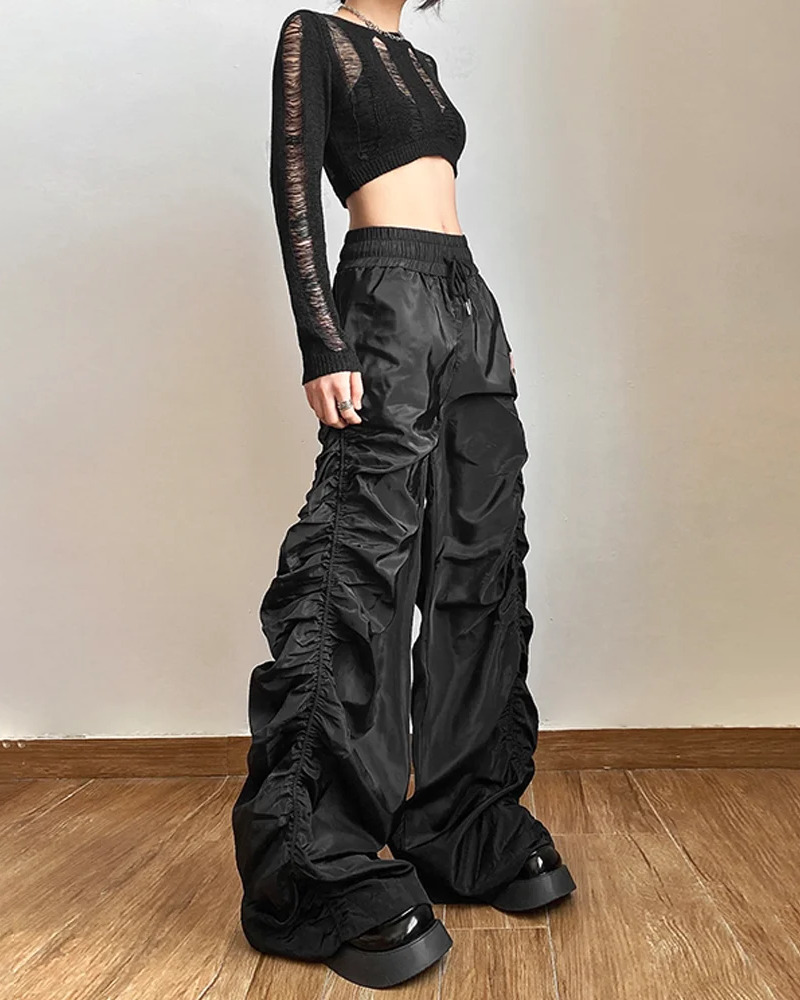 Y2K Grunge Black Parachute Pants - Retro 90s Fashion, Summer Y2K Outfits, Gothic Y2K Style