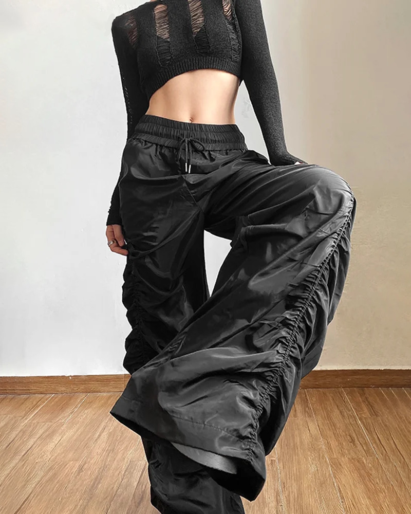 Y2K Grunge Black Parachute Pants - Retro 90s Fashion, Summer Y2K Outfits, Gothic Y2K Style
