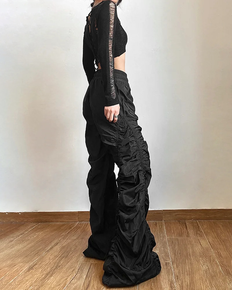 Y2K Grunge Black Parachute Pants - Retro 90s Fashion, Summer Y2K Outfits, Gothic Y2K Style